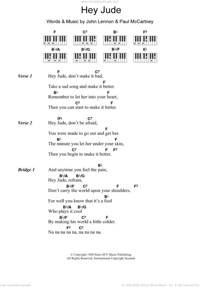 Hey Jude sheet music for piano solo (chords, lyrics, melody) by The Beatles, John Lennon and Paul McCartney, intermediate piano (chords, lyrics, melody)