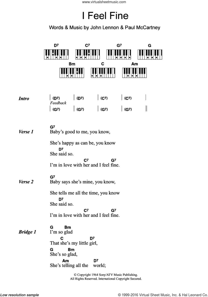 I Feel Fine sheet music for piano solo (chords, lyrics, melody) by The Beatles, John Lennon and Paul McCartney, intermediate piano (chords, lyrics, melody)