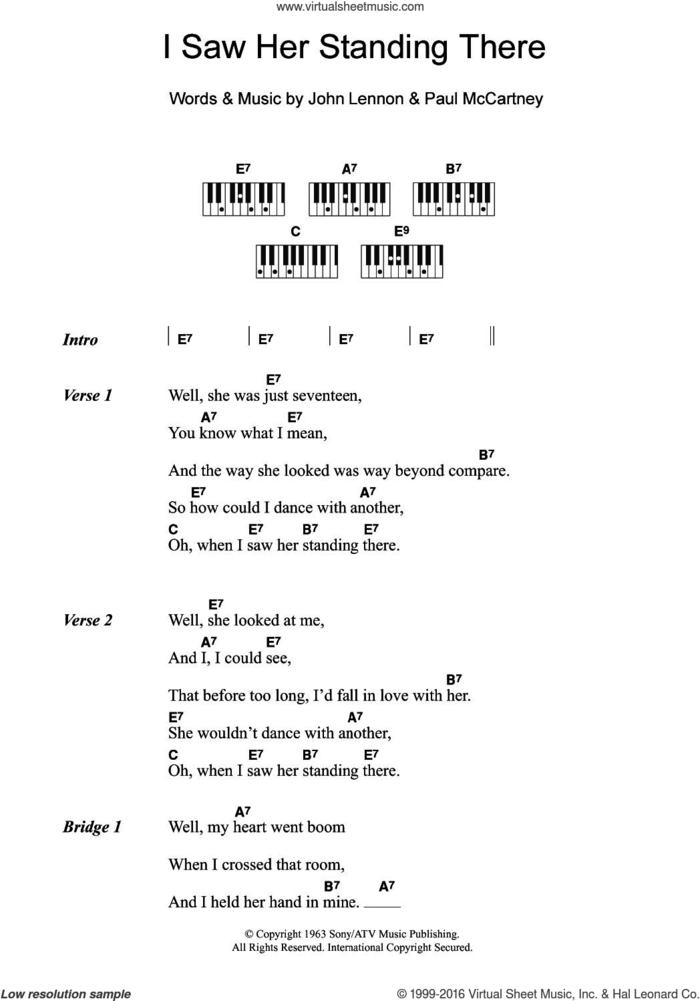 I Saw Her Standing There sheet music for piano solo (chords, lyrics, melody) by The Beatles, John Lennon and Paul McCartney, intermediate piano (chords, lyrics, melody)