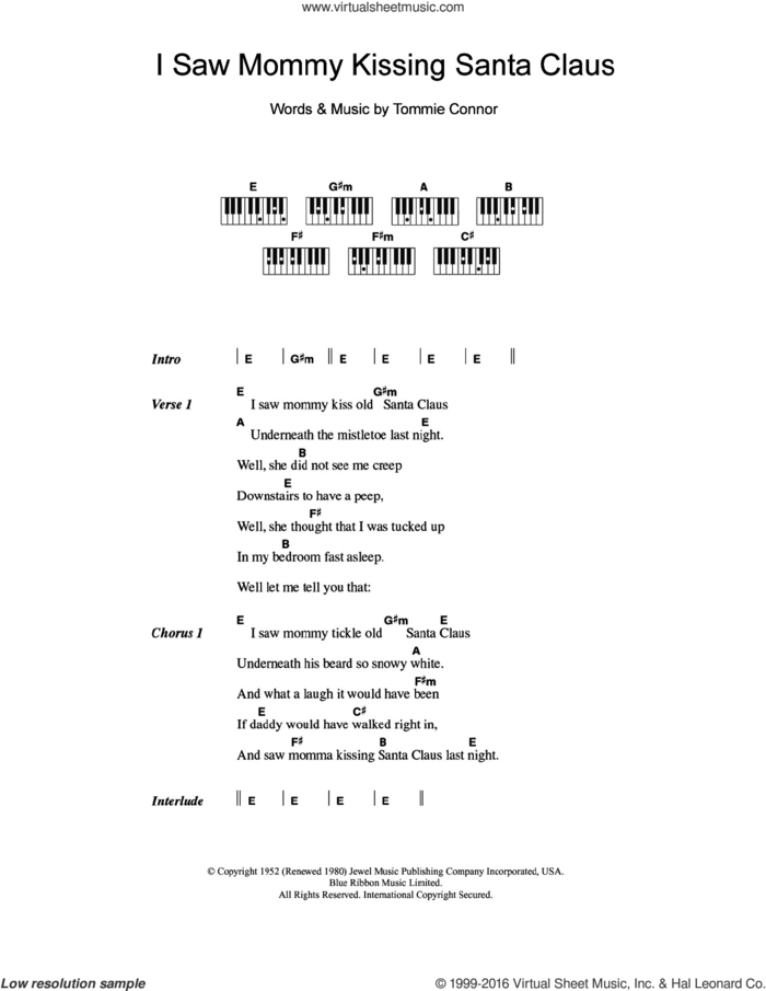 I Saw Mommy Kissing Santa Claus sheet music for piano solo (chords, lyrics, melody) by Tommie Connor and John Mellencamp, intermediate piano (chords, lyrics, melody)