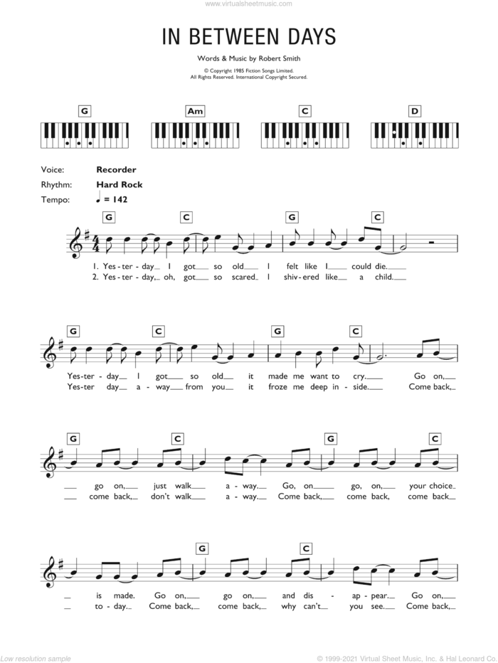 In Between Days sheet music for piano solo (chords, lyrics, melody) by The Cure and Robert Smith, intermediate piano (chords, lyrics, melody)