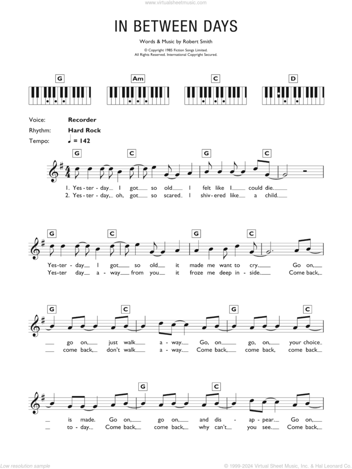 In Between Days sheet music for piano solo (chords, lyrics, melody) by The Cure and Robert Smith, intermediate piano (chords, lyrics, melody)