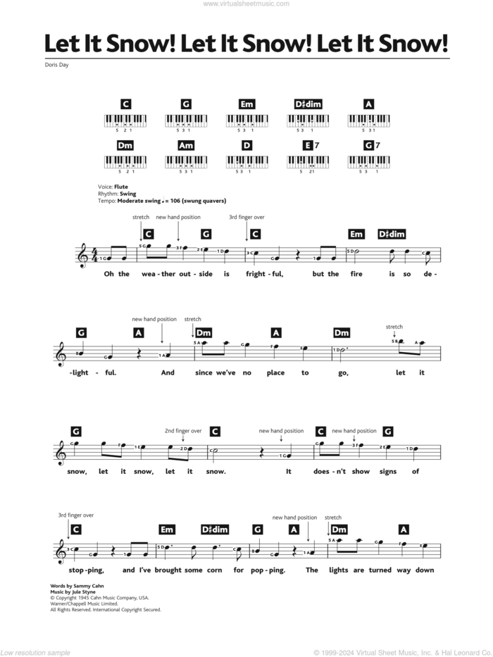 Let It Snow! Let It Snow! Let It Snow! sheet music for piano solo (chords, lyrics, melody) by Doris Day, Jule Styne and Sammy Cahn, intermediate piano (chords, lyrics, melody)