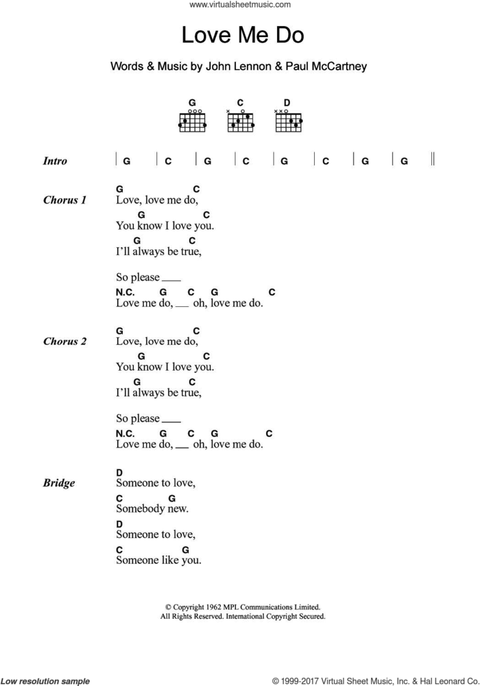 Love Me Do sheet music for guitar (chords) by The Beatles, John Lennon and Paul McCartney, intermediate skill level