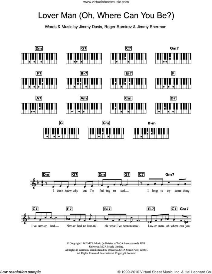 Lover Man (Oh, Where Can You Be) sheet music for piano solo (chords, lyrics, melody) by Billie Holiday, Jimmie Davis, Jimmy Sherman and Roger Ramirez, intermediate piano (chords, lyrics, melody)