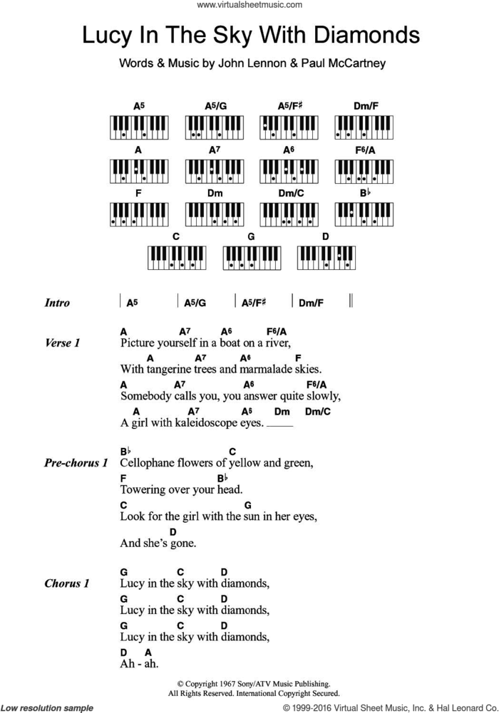 Lucy In The Sky With Diamonds sheet music for piano solo (chords, lyrics, melody) by The Beatles, John Lennon and Paul McCartney, intermediate piano (chords, lyrics, melody)