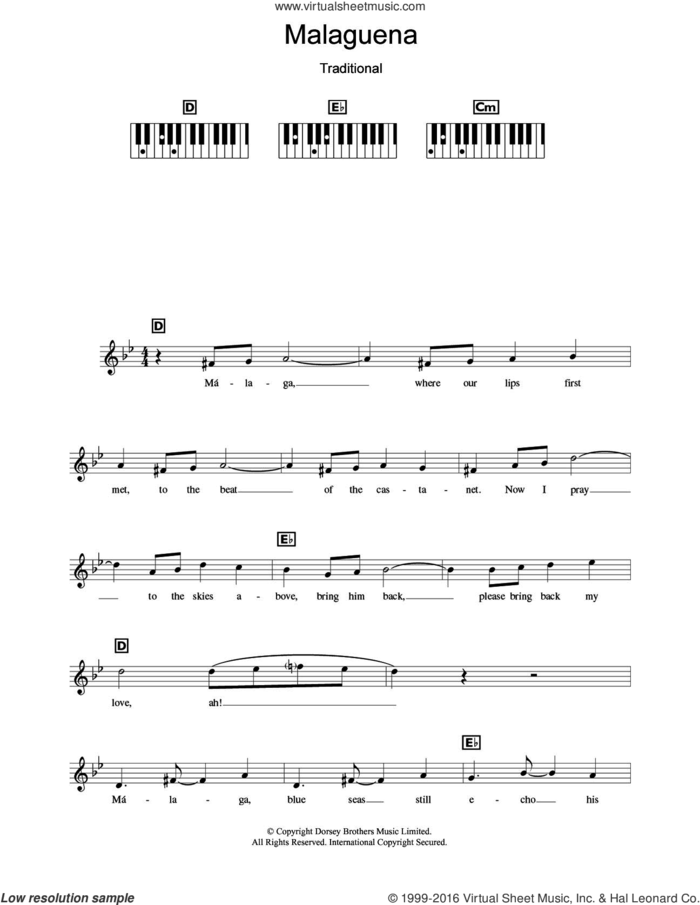 Malaguena sheet music for piano solo (chords, lyrics, melody) by Connie Francis and Miscellaneous, intermediate piano (chords, lyrics, melody)