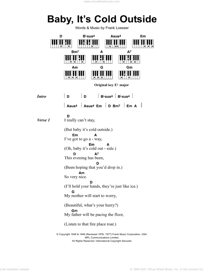 Baby, It's Cold Outside sheet music for piano solo (chords, lyrics, melody) by Frank Loesser, Cerys Matthews and Tom Jones, intermediate piano (chords, lyrics, melody)