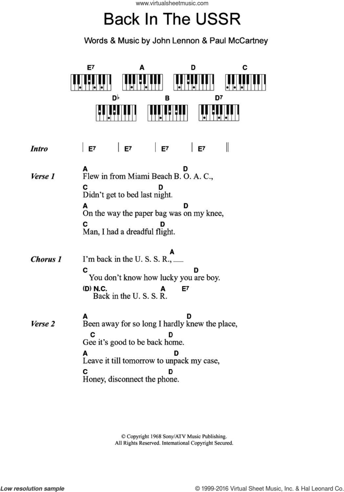 Back In The U.S.S.R. sheet music for piano solo (chords, lyrics, melody) by The Beatles, John Lennon and Paul McCartney, intermediate piano (chords, lyrics, melody)