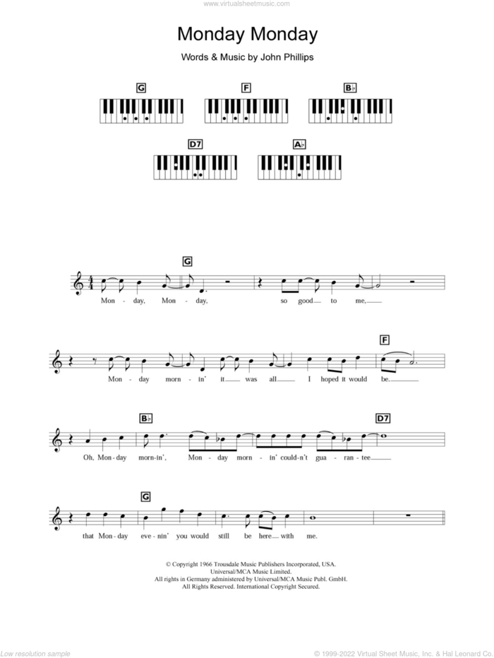 Monday Monday sheet music for piano solo (chords, lyrics, melody) by The Mamas & The Papas and John Phillips, intermediate piano (chords, lyrics, melody)