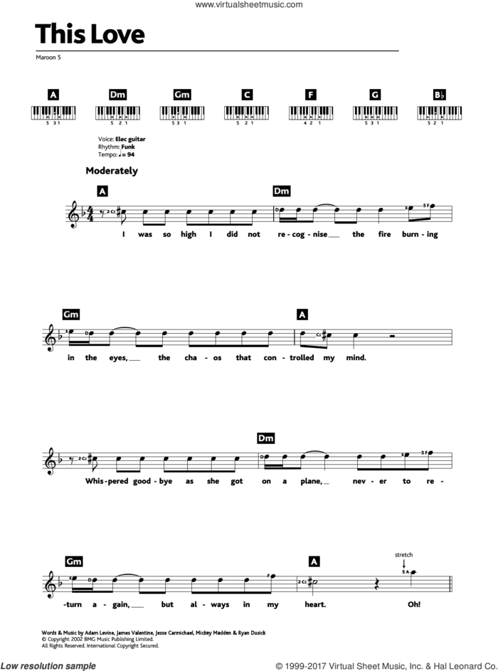 This Love sheet music for piano solo (chords, lyrics, melody) by Maroon 5, Adam Levine, James Valentine, Jesse Carmichael, Michael Madden and Ryan Dusick, intermediate piano (chords, lyrics, melody)