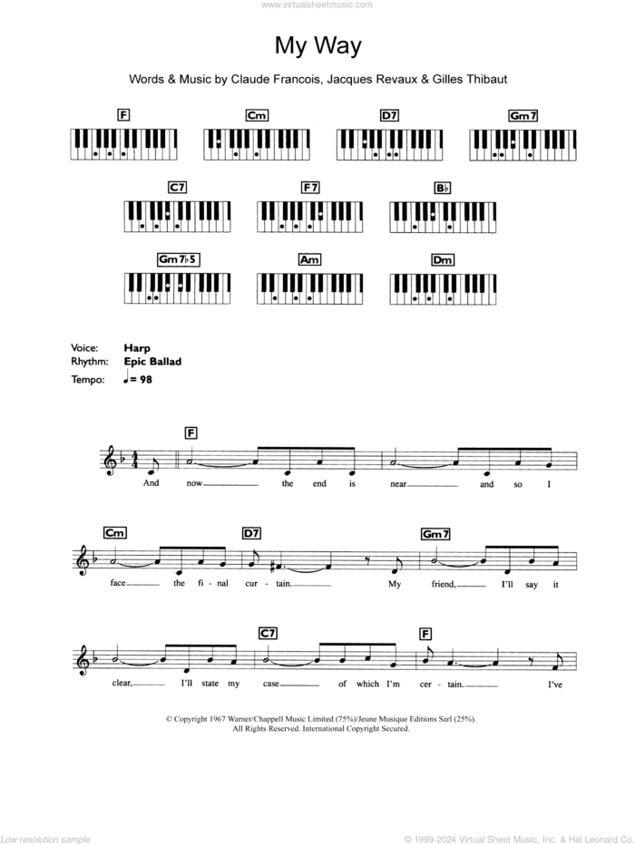 My Way (abridged version) sheet music for piano solo (chords, lyrics, melody) by Frank Sinatra, Claude Francois, Gilles Thibaut and Jacques Revaux, intermediate piano (chords, lyrics, melody)