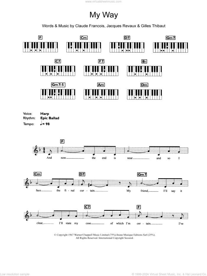 My Way (abridged version) sheet music for piano solo (chords, lyrics, melody) by Frank Sinatra, Claude Francois, Gilles Thibaut and Jacques Revaux, intermediate piano (chords, lyrics, melody)