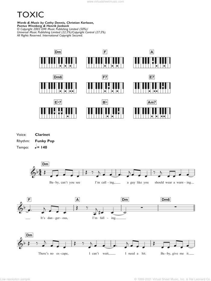 Toxic sheet music for piano solo (chords, lyrics, melody) by Britney Spears, Cathy Dennis, Christian Karlsson, Henrik Jonback and Pontus Winnberg, intermediate piano (chords, lyrics, melody)