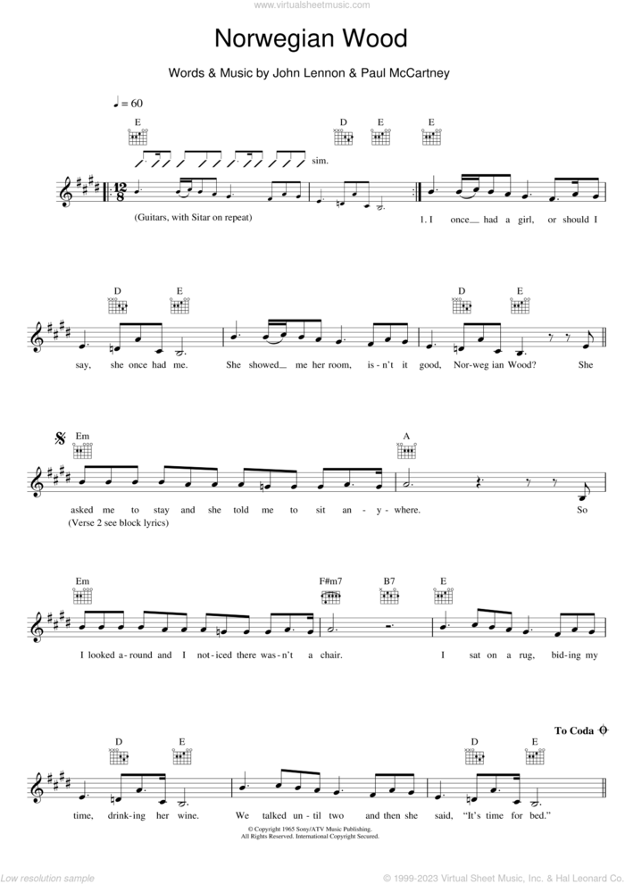 Norwegian Wood (This Bird Has Flown) sheet music for voice and other instruments (fake book) by The Beatles, John Lennon and Paul McCartney, intermediate skill level