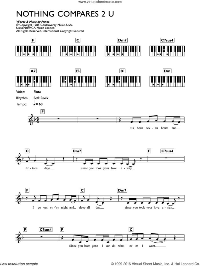 Nothing Compares 2 U sheet music for piano solo (chords, lyrics, melody) by Sinead O'Connor and Prince, intermediate piano (chords, lyrics, melody)