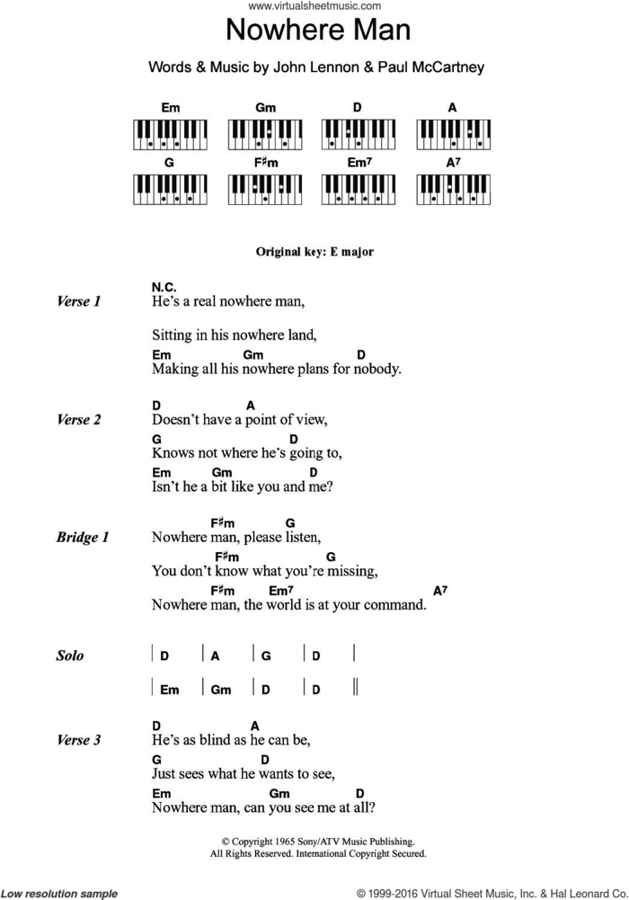 Nowhere Man sheet music for piano solo (chords, lyrics, melody) by The Beatles, John Lennon and Paul McCartney, intermediate piano (chords, lyrics, melody)