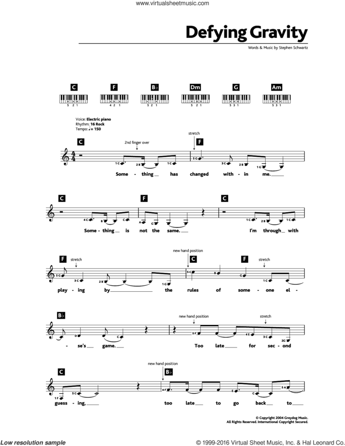 Defying Gravity (from Wicked) sheet music for piano solo (chords, lyrics, melody) by Stephen Schwartz, intermediate piano (chords, lyrics, melody)