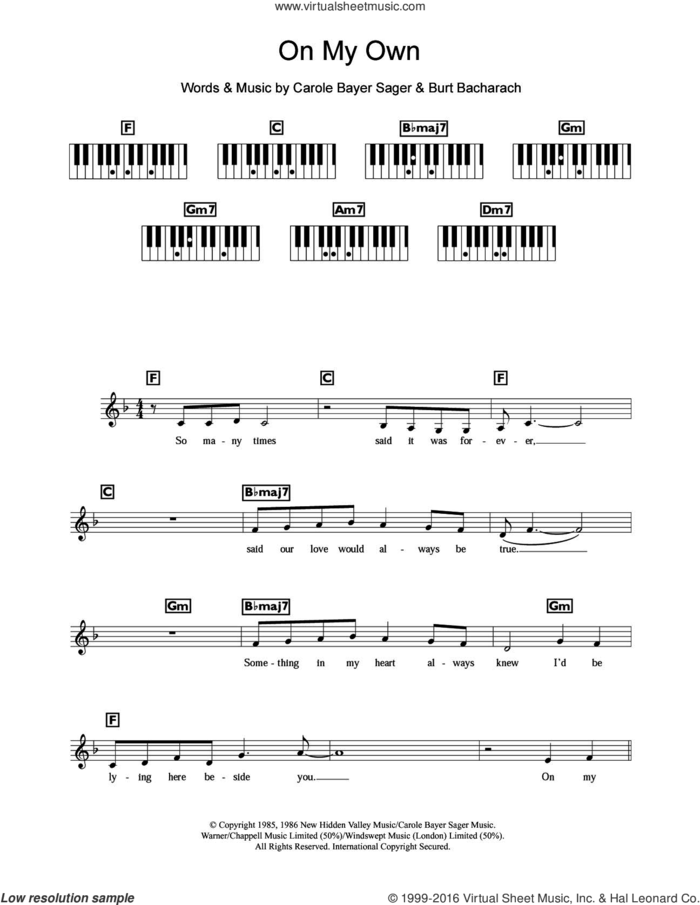 On My Own sheet music for piano solo (chords, lyrics, melody) by Michael MacDonald, Patti LaBelle, Burt Bacharach and Carole Bayer Sager, intermediate piano (chords, lyrics, melody)