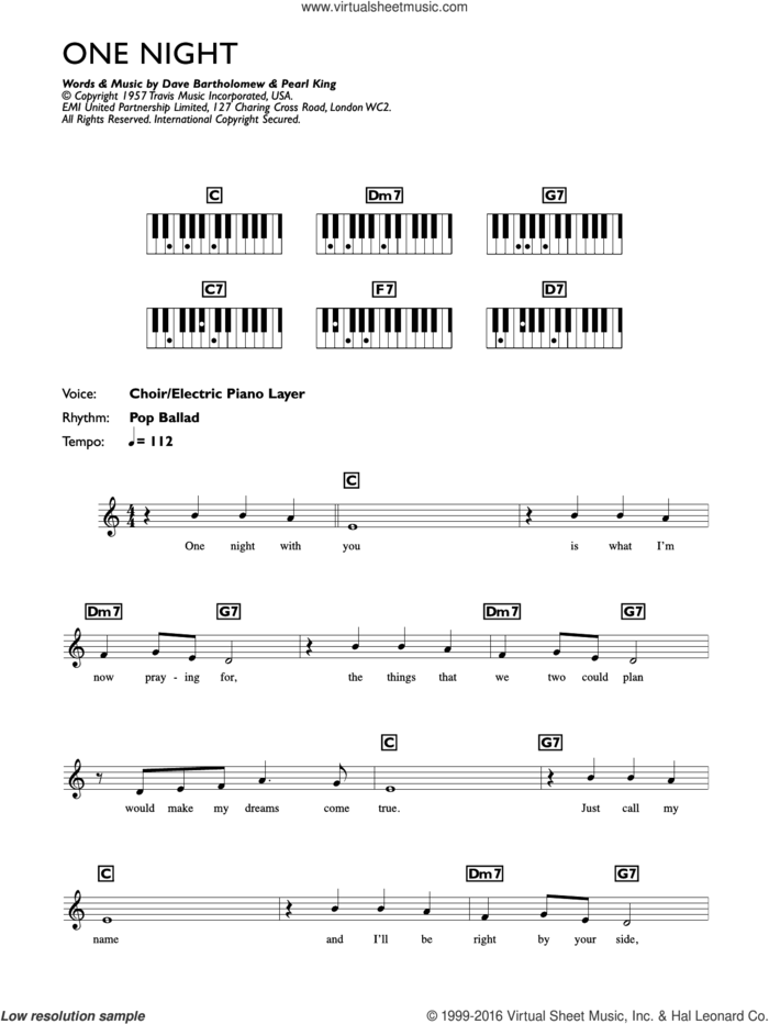 One Night sheet music for piano solo (chords, lyrics, melody) by Elvis Presley, Anita Steiman, Dave Bartholomew and Pearl King, intermediate piano (chords, lyrics, melody)