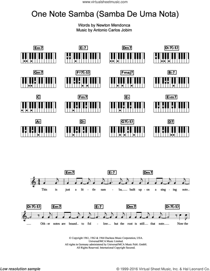 One Note Samba (Samba De Uma Nota) sheet music for piano solo (chords, lyrics, melody) by Antonio Carlos Jobim and Newton Mendonca, intermediate piano (chords, lyrics, melody)
