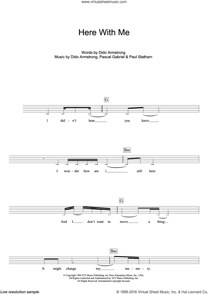 Here With Me (Theme from Roswell) sheet music for voice and other instruments (fake book) by Dido Armstrong, Pascal Gabriel and Paul Statham, intermediate skill level