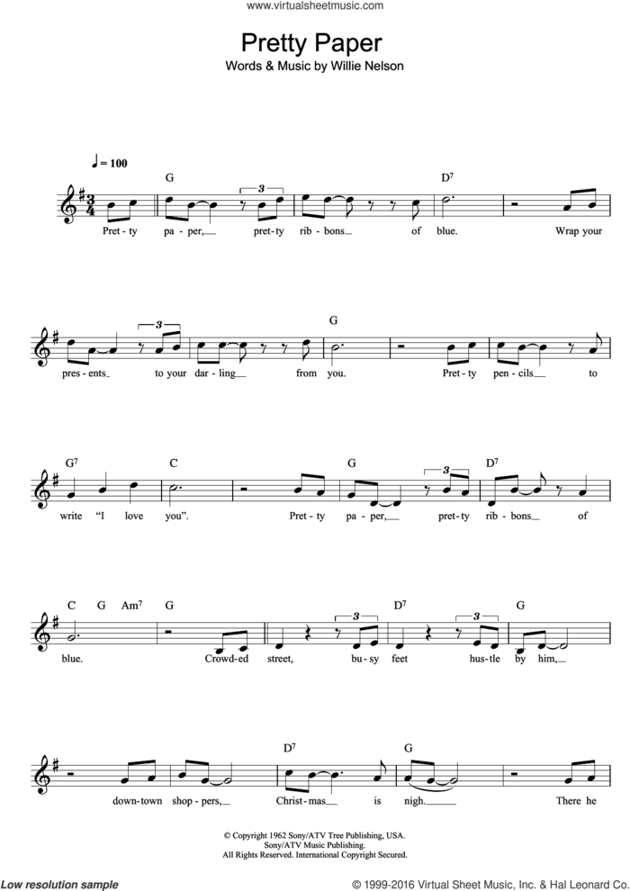 Pretty Paper sheet music for voice and other instruments (fake book) by Willie Nelson, intermediate skill level