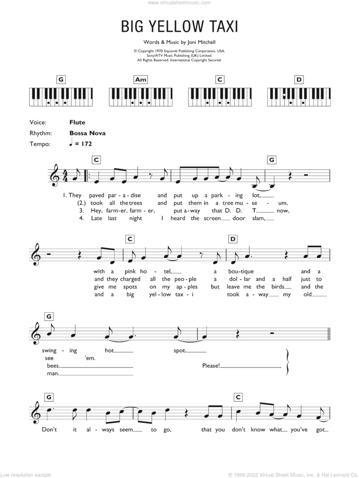 Big Yellow Taxi sheet music for piano solo (chords, lyrics, melody) by Joni Mitchell, intermediate piano (chords, lyrics, melody)