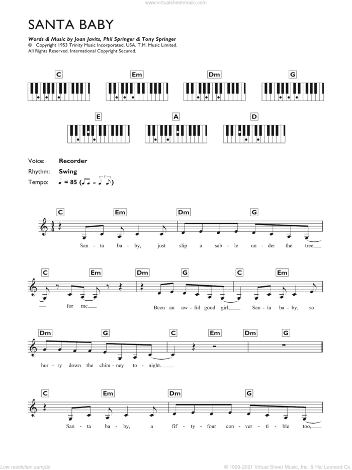 Santa Baby sheet music for piano solo (chords, lyrics, melody) by Eartha Kitt, Joan Javits, Phil Springer and Tony Springer, intermediate piano (chords, lyrics, melody)