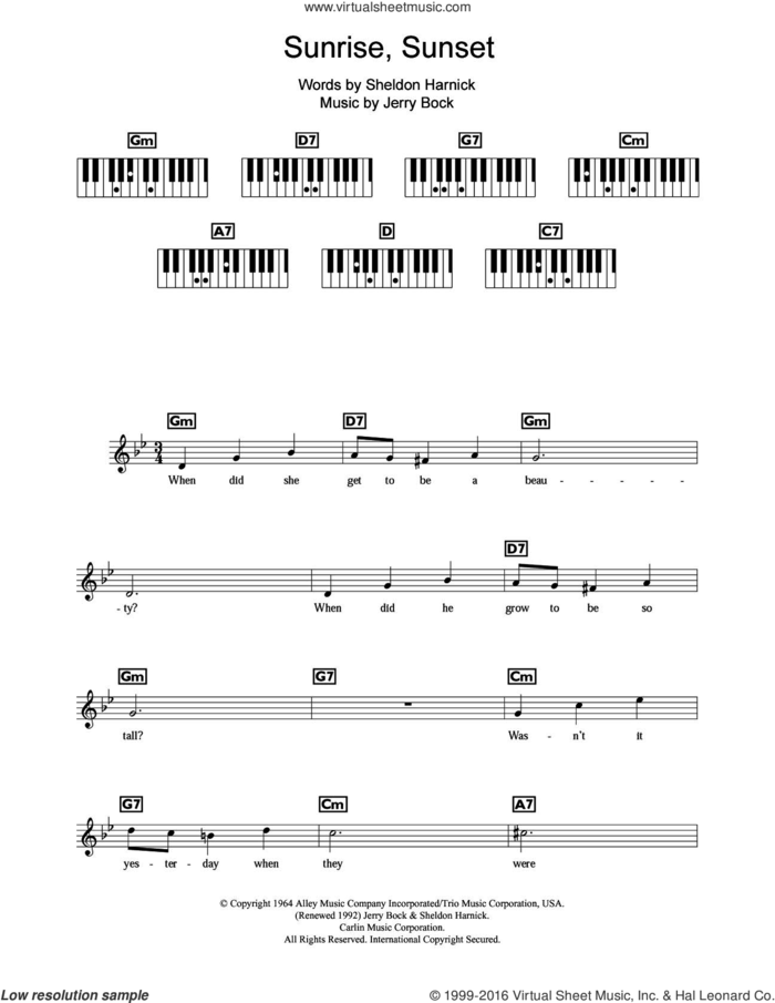 Sunrise, Sunset (from Fiddler On The Roof) sheet music for piano solo (chords, lyrics, melody) by Jerry Bock and Sheldon Harnick, intermediate piano (chords, lyrics, melody)