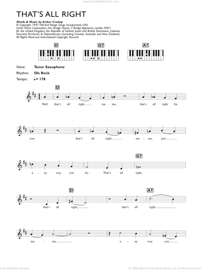 That's All Right sheet music for piano solo (chords, lyrics, melody) by Elvis Presley and Arthur Crudup, intermediate piano (chords, lyrics, melody)