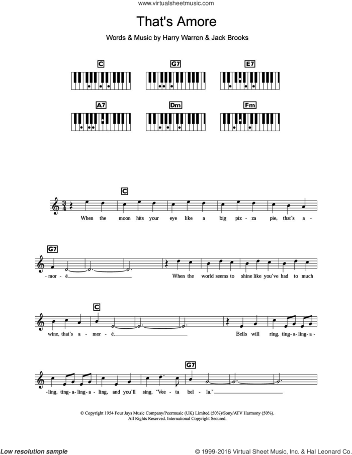 That's Amore sheet music for piano solo (chords, lyrics, melody) by Dean Martin, Harry Warren and Jack Brooks, intermediate piano (chords, lyrics, melody)