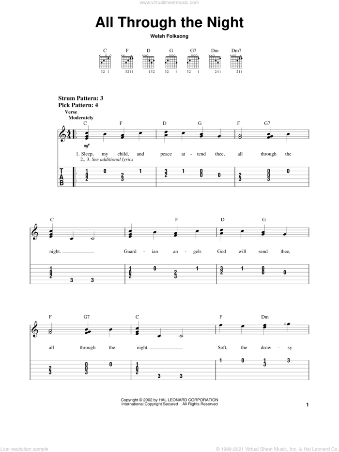 All Through The Night sheet music for guitar solo (easy tablature), classical score, easy guitar (easy tablature)