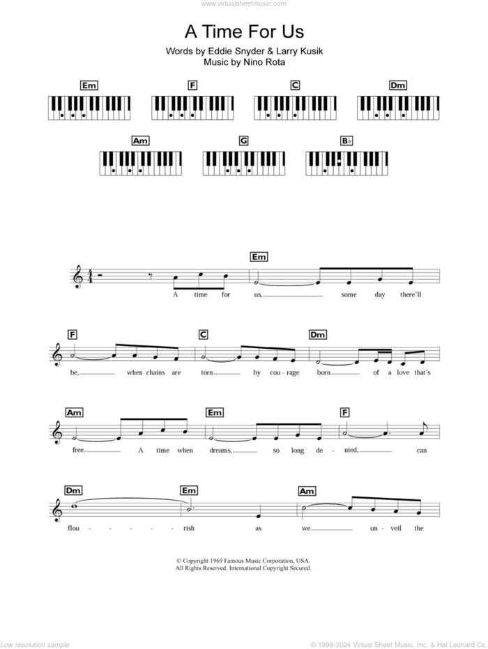 A Time For Us (Love Theme from Romeo and Juliet) sheet music for piano solo (chords, lyrics, melody) by Nino Rota, Eddie Snyder and Larry Kusik, intermediate piano (chords, lyrics, melody)