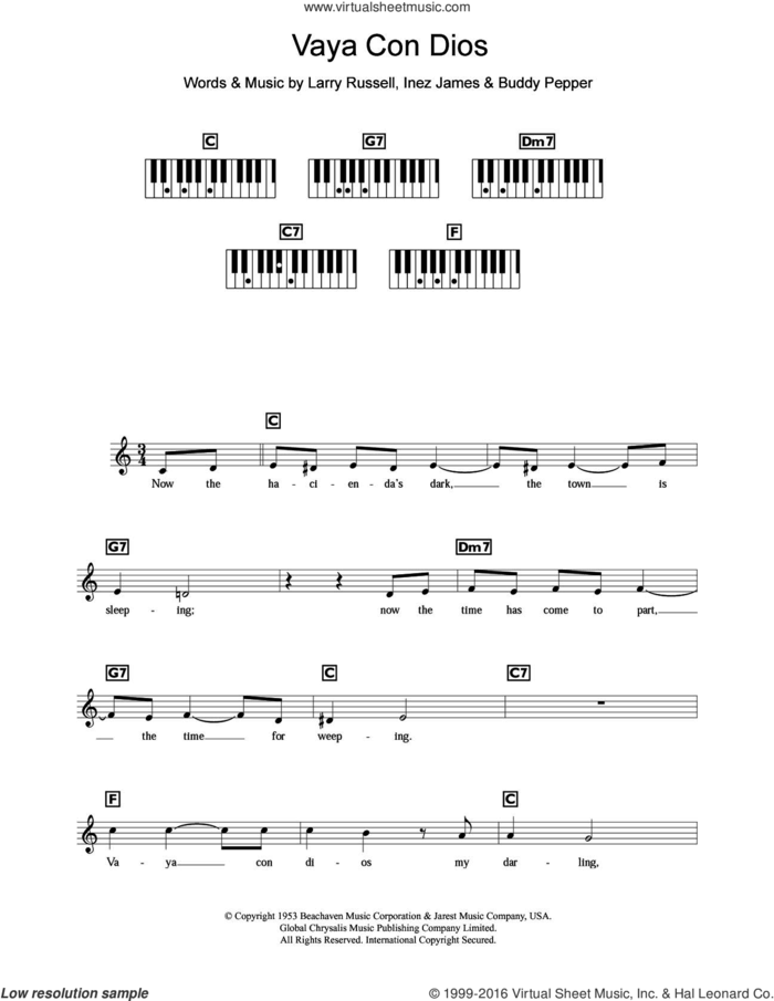 Vaya Con Dios sheet music for piano solo (chords, lyrics, melody) by Les Paul, Buddy Pepper, Inez James and Larry Russell, intermediate piano (chords, lyrics, melody)