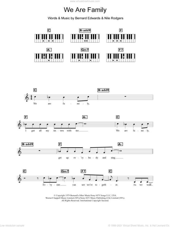 We Are Family sheet music for piano solo (chords, lyrics, melody) by Sister Sledge, Bernard Edwards and Nile Rodgers, intermediate piano (chords, lyrics, melody)