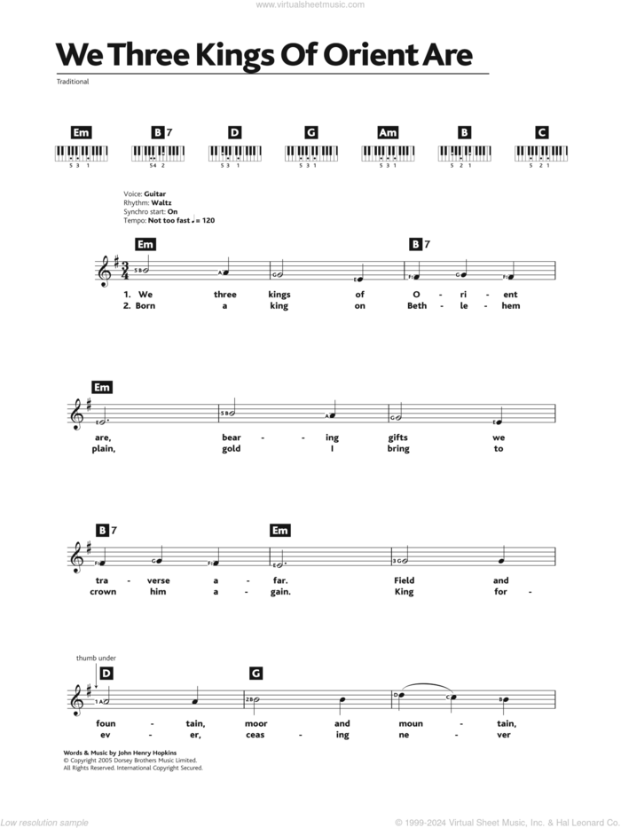 We Three Kings Of Orient Are sheet music for piano solo (chords, lyrics, melody) by John H. Hopkins, Jr. and Miscellaneous, intermediate piano (chords, lyrics, melody)