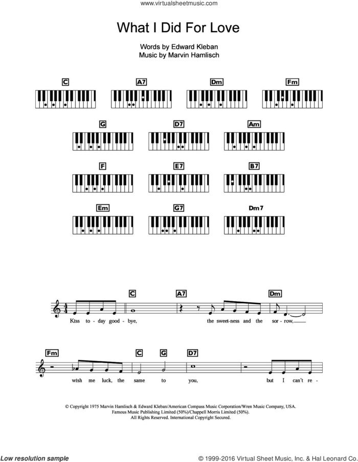What I Did For Love (from A Chorus Line) sheet music for piano solo (chords, lyrics, melody) by Marvin Hamlisch and Edward Kleban, intermediate piano (chords, lyrics, melody)