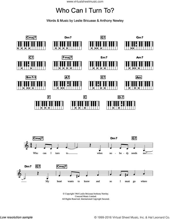 Who Can I Turn To? sheet music for piano solo (chords, lyrics, melody) by Tony Bennett, Anthony Newley and Leslie Bricusse, intermediate piano (chords, lyrics, melody)