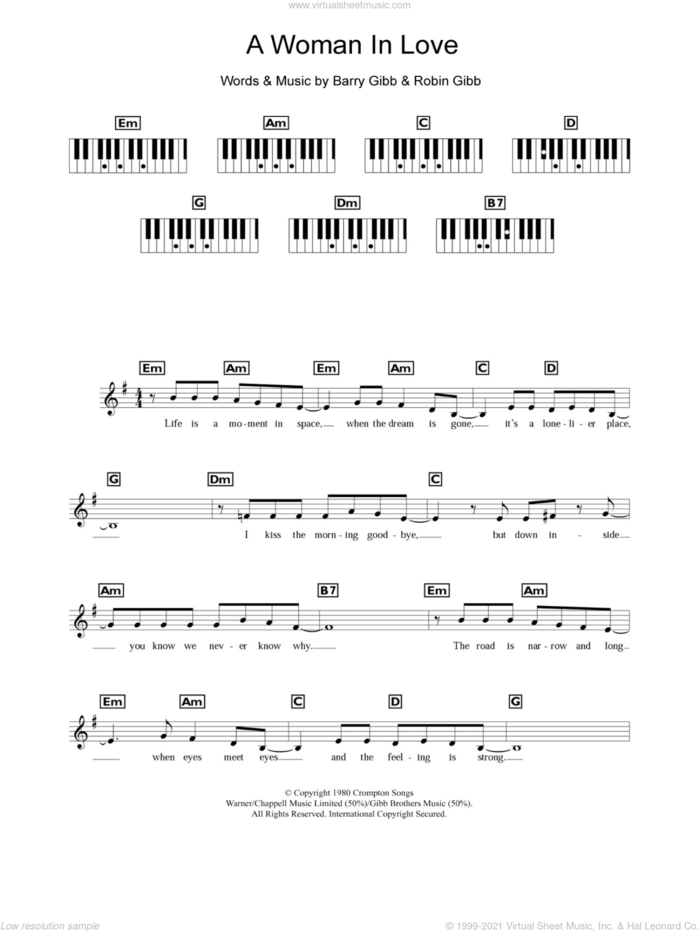 A Woman In Love sheet music for piano solo (chords, lyrics, melody) by Barbra Streisand, Barry Gibb and Robin Gibb, intermediate piano (chords, lyrics, melody)