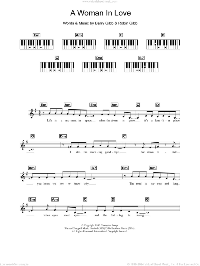 A Woman In Love sheet music for piano solo (chords, lyrics, melody) by Barbra Streisand, Barry Gibb and Robin Gibb, intermediate piano (chords, lyrics, melody)