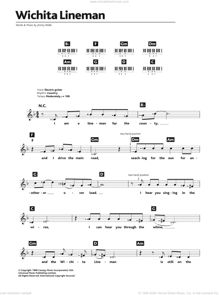 Wichita Lineman sheet music for piano solo (chords, lyrics, melody) by Glen Campbell and Jimmy Webb, intermediate piano (chords, lyrics, melody)
