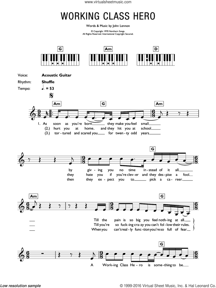 Working Class Hero sheet music for piano solo (chords, lyrics, melody) by John Lennon, intermediate piano (chords, lyrics, melody)