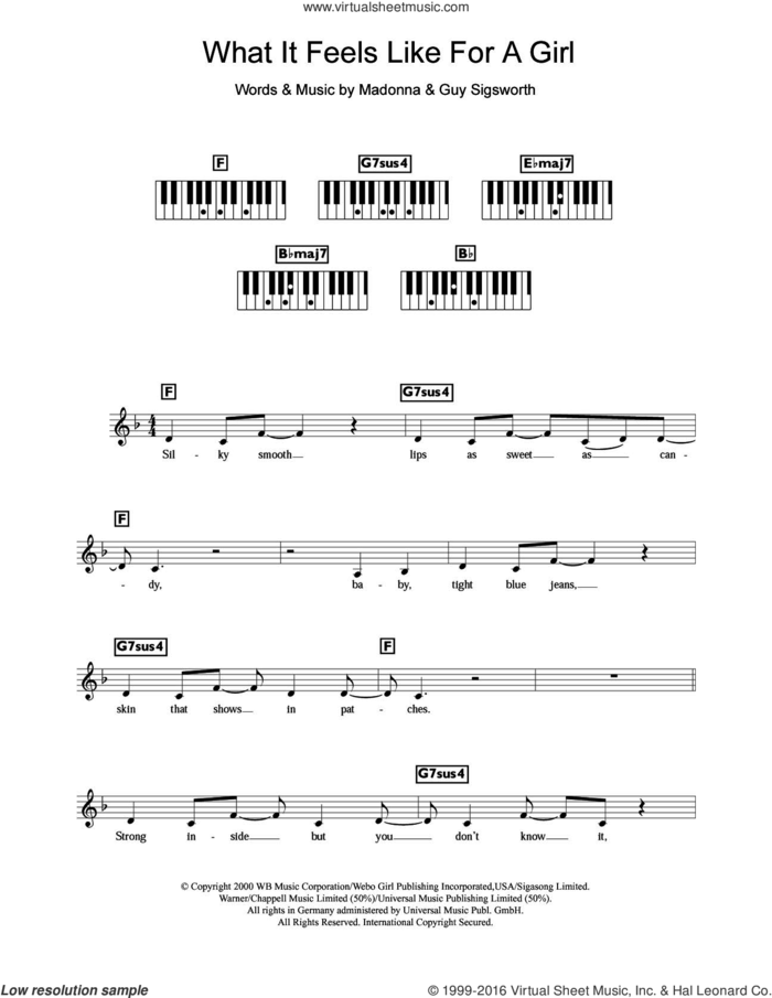 What It Feels Like For A Girl sheet music for piano solo (chords, lyrics, melody) by Madonna and Guy Sigsworth, intermediate piano (chords, lyrics, melody)