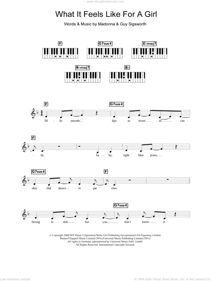 What It Feels Like For A Girl sheet music for piano solo (chords, lyrics, melody) by Madonna and Guy Sigsworth, intermediate piano (chords, lyrics, melody)