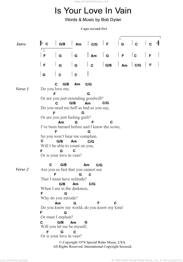 Is Your Love In Vain sheet music for guitar (chords) by Bob Dylan, intermediate skill level