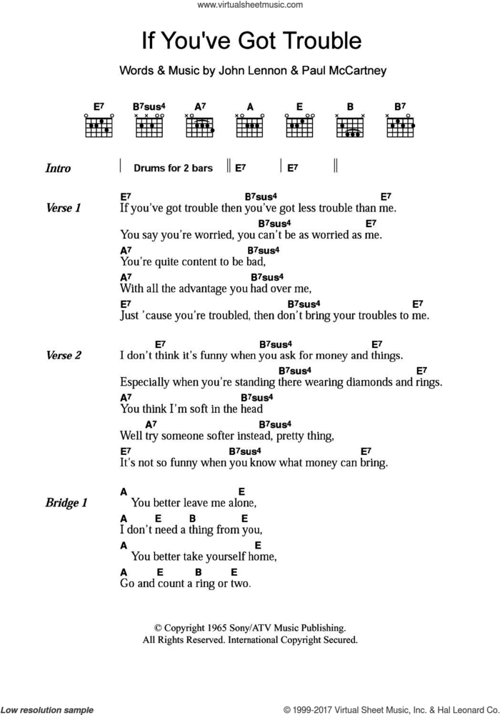 If You've Got Trouble sheet music for guitar (chords) by The Beatles, John Lennon and Paul McCartney, intermediate skill level