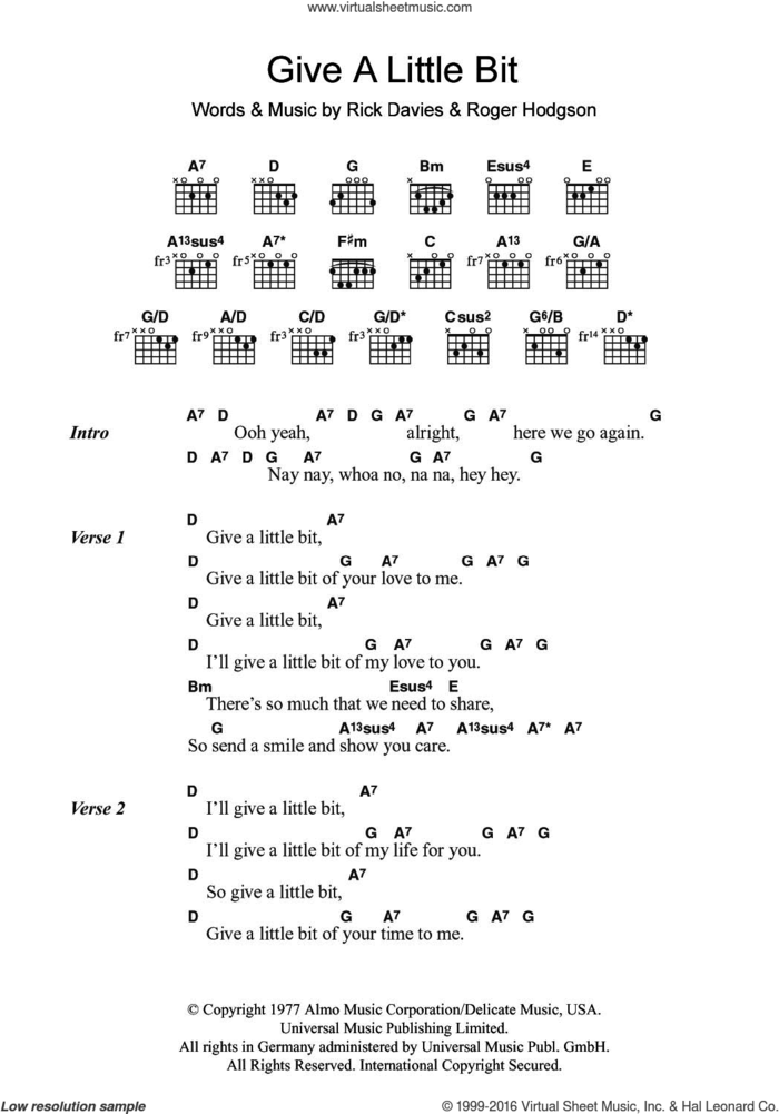 Give A Little Bit sheet music for guitar (chords) by Supertramp, Rick Davies and Roger Hodgson, intermediate skill level
