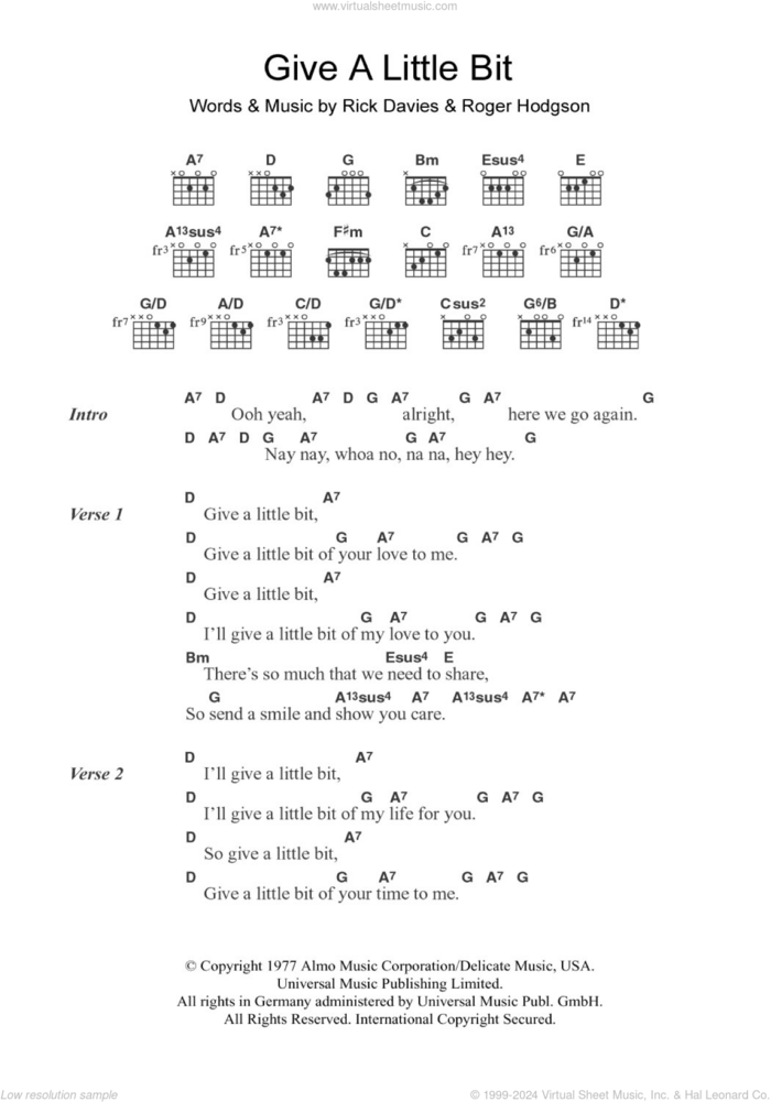 Give A Little Bit sheet music for guitar (chords) by Supertramp, Rick Davies and Roger Hodgson, intermediate skill level