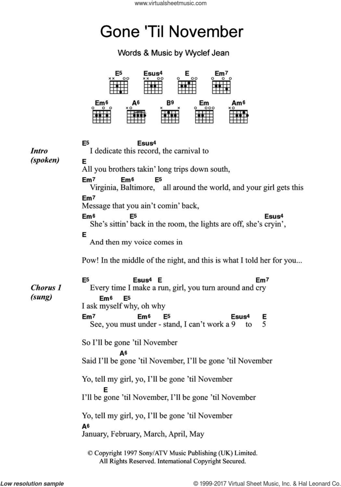 Gone 'Til November sheet music for guitar (chords) by Wyclef Jean, intermediate skill level